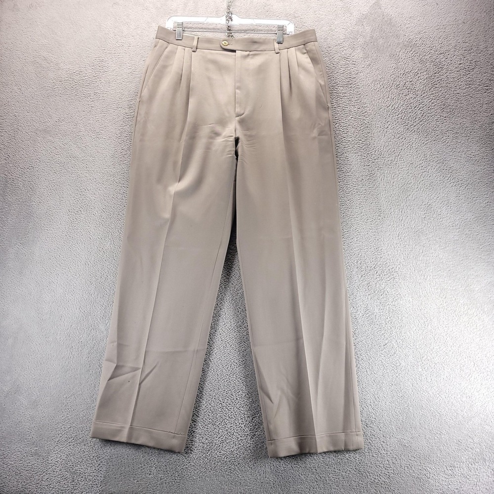 Zanella Pants Mens 34x30 Beige Wool Pleated Classic Dress Cuffed Trousers Italy